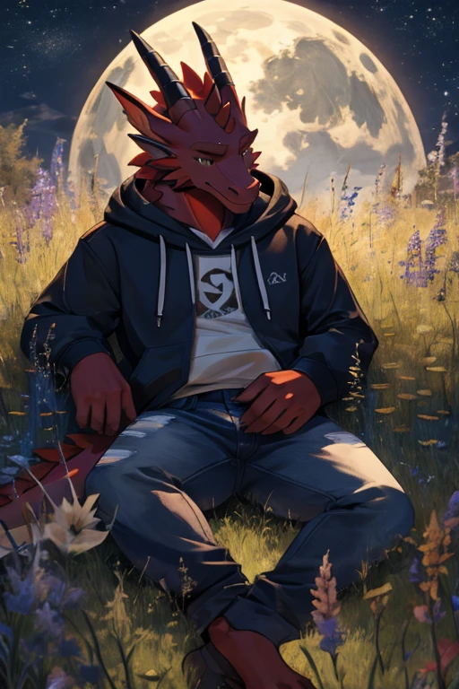 A red dragon in a hoodie and jeans laying in grass under the moonlight