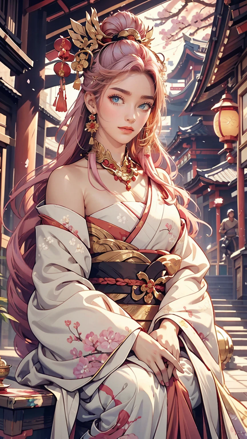 One girl, (Ulzzang-6500:0.7), K-Pop Idols, yae miko, Removable sleeves, Exposing shoulders, Pink Hair, Long Hair, kimono, highest quality, (Painting:1.5), (hair ornaments:1.35), jewelry, Purple eyes, Earrings, chest, torii, cherry blossoms, Lantern Light, Depth of written boundary, Detailed face, Face Focus, ribbon_trim, (View Viewer:1.25), Non-traditional Shrine Maiden, Shiny skin, Long sleeve, smile, Thick lips, Game CG, Put your hand on your lips, East Asian architecture, (Blurred Background:1.2), Sitting, Upper Body,