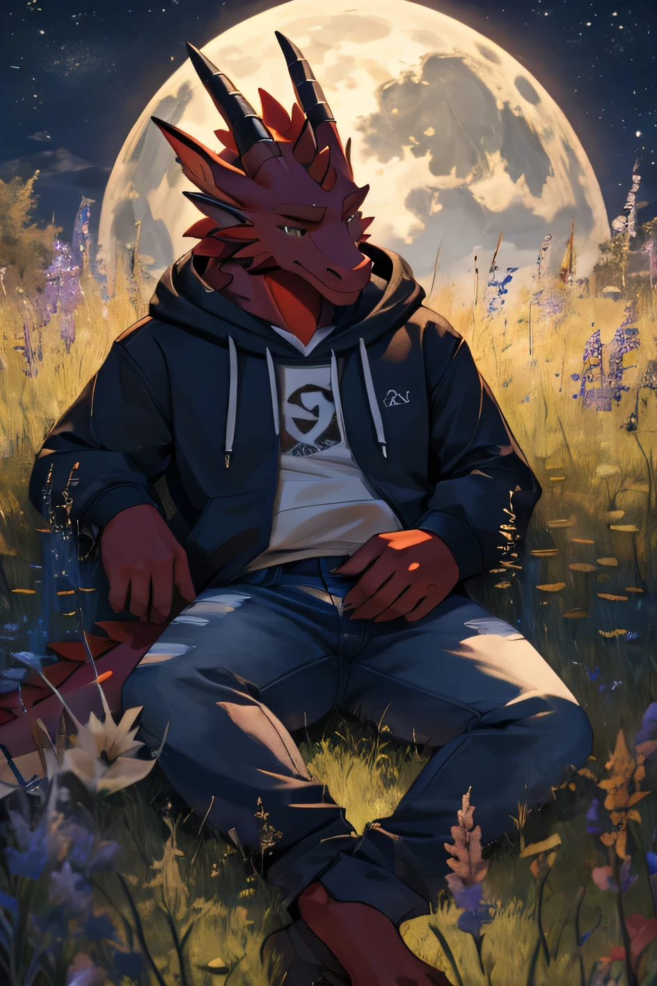 A red dragon in a hoodie and jeans laying in grass under the moonlight