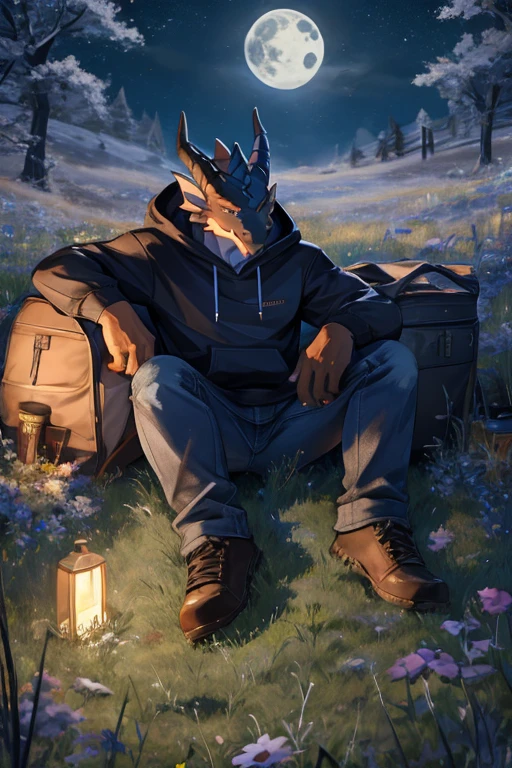 Two dragons in a hoodie and jeans laying in grass under the moonlight 