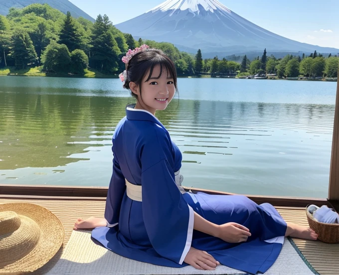highest quality、Lakeside in front of the mountain、Mt fuji、summer、Daytime、Beautiful blue sky、outside of home、Young girl、Smile on the screen、Detailed beauty、picnic、Open the parasol、kimono、taisho roman
