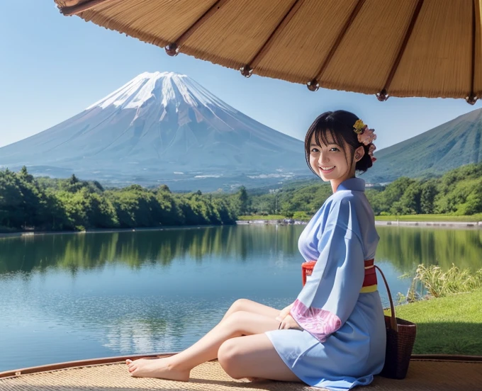 highest quality、Lakeside in front of the mountain、Mt fuji、summer、Daytime、Beautiful blue sky、outside of home、Young girl、Smile on the screen、Detailed beauty、picnic、Open the parasol、kimono、taisho roman