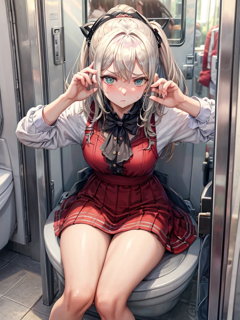 (((Best Quality, 8K, 32K, masterpiece, 1.2)))),{{solo}},nsfw,{{{Artist: Torino Aqua's style}}},((perfect beautiful face:1.2)), public toilet in train, sitting on toilet seat, wearing , peeing, leaking pee from pussy, half visible vivid pussy, a lot of public hairs, defiant look, embarrassed,