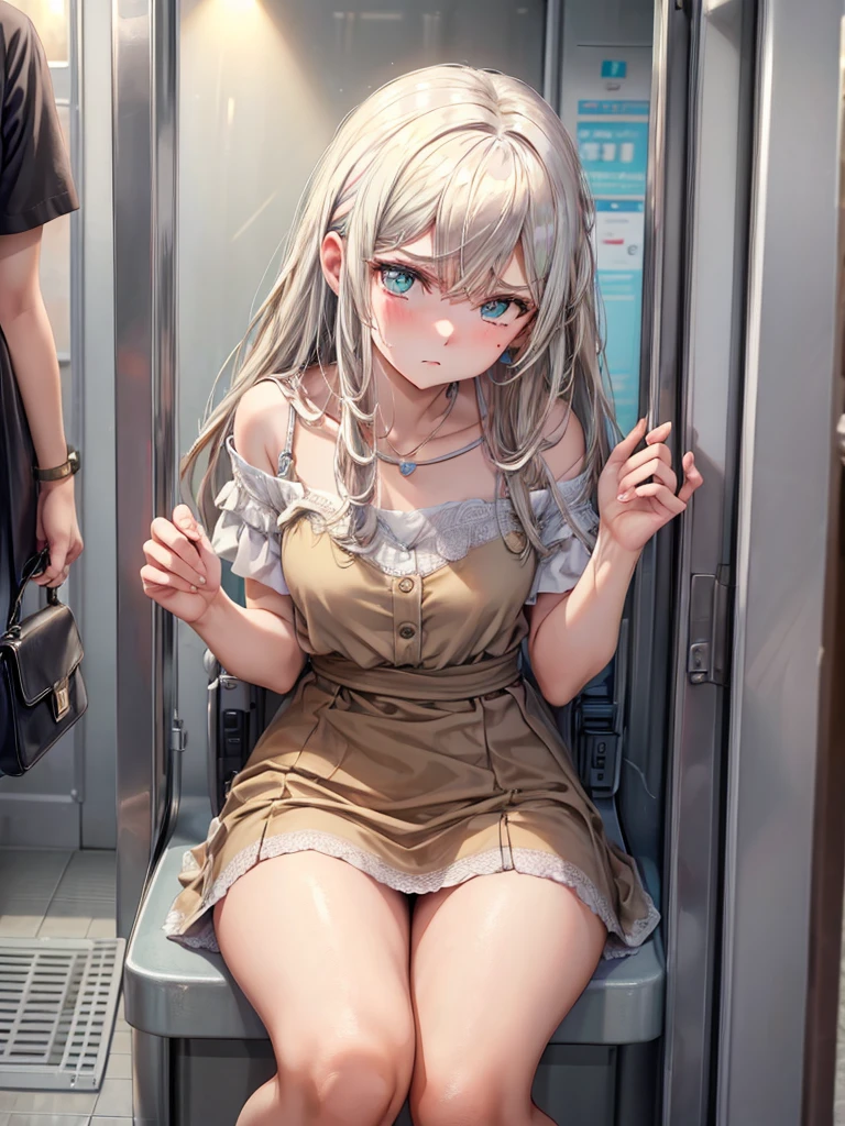 (((Best Quality, 8K, 32K, masterpiece, 1.2)))),{{solo}},nsfw,{{{Artist: Torino Aqua's style}}},((perfect beautiful face:1.2)), public toilet in train, sitting on toilet seat, wearing , peeing, leaking pee from pussy, half visible vivid pussy, a lot of public hairs, defiant look, embarrassed,