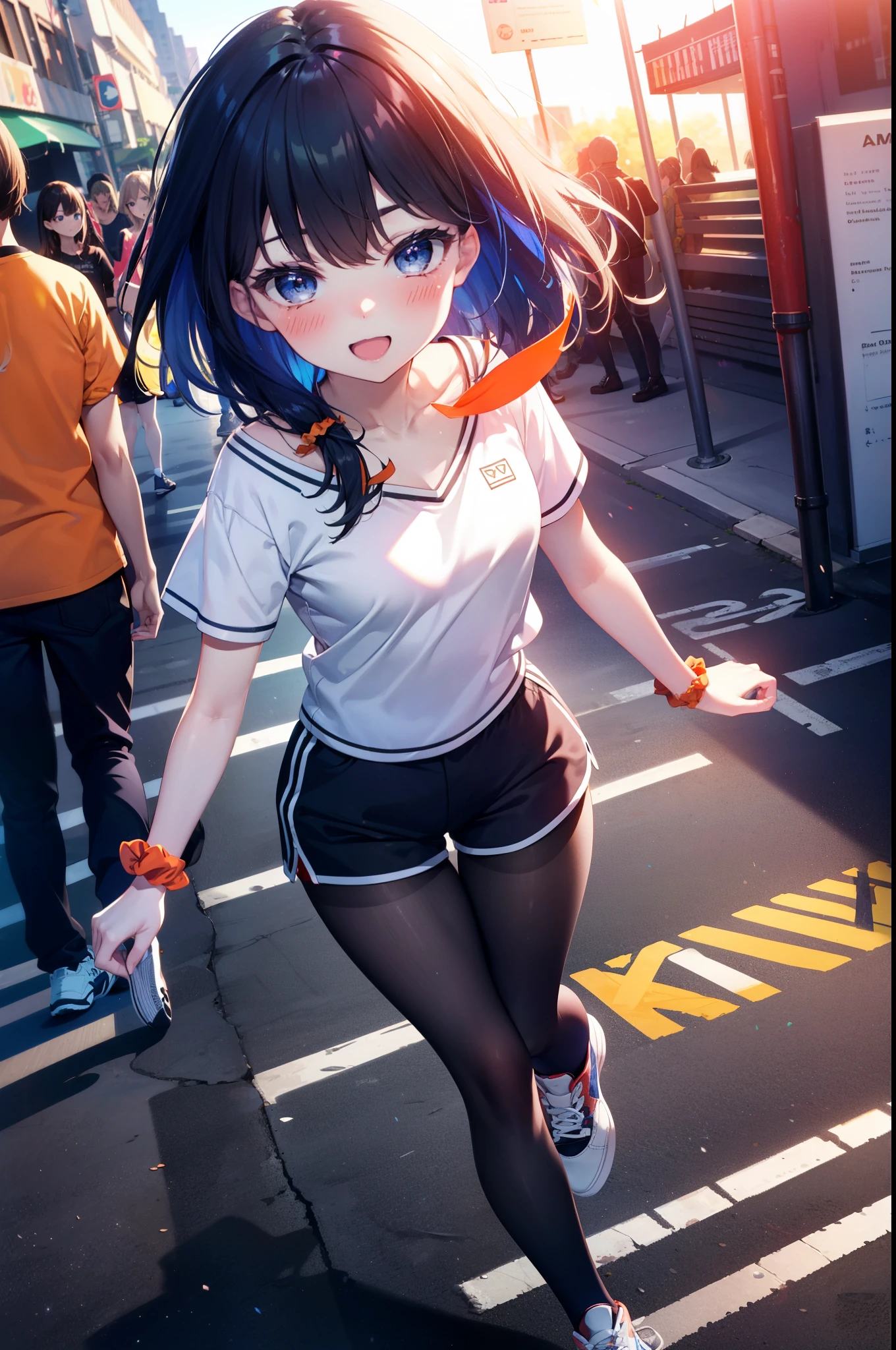 Rikka body, rikka takarada, Black Hair, blue eyes, Long Hair, orange Scrunchie, Scrunchie, wrist Scrunchie,happy smile, smile, Open your mouth,blush,hair band,Cordo shoulder top,Short sleeve,Shorts,black tights,High Top Sneakers,Daytime,sunny,whole bodyがイラストに入るように,walk,
break looking at viewer, whole body,
break outdoors, city,construction area,
break (masterpiece:1.2), highest quality, High resolution, unity 8k wallpaper, (shape:0.8), (Beautiful details:1.6), Highly detailed face, Perfect lighting, Extremely detailed CG, (Perfect hands, Perfect Anatomy),