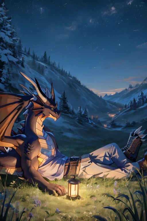 Two gay dragons laying in grass at night