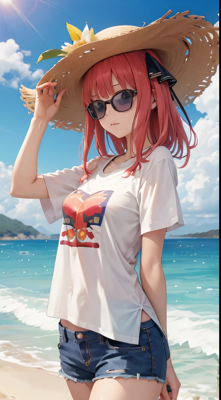 Nino Nakano, ropa playera,sombrero de playa,lentes de sol,costa del mar