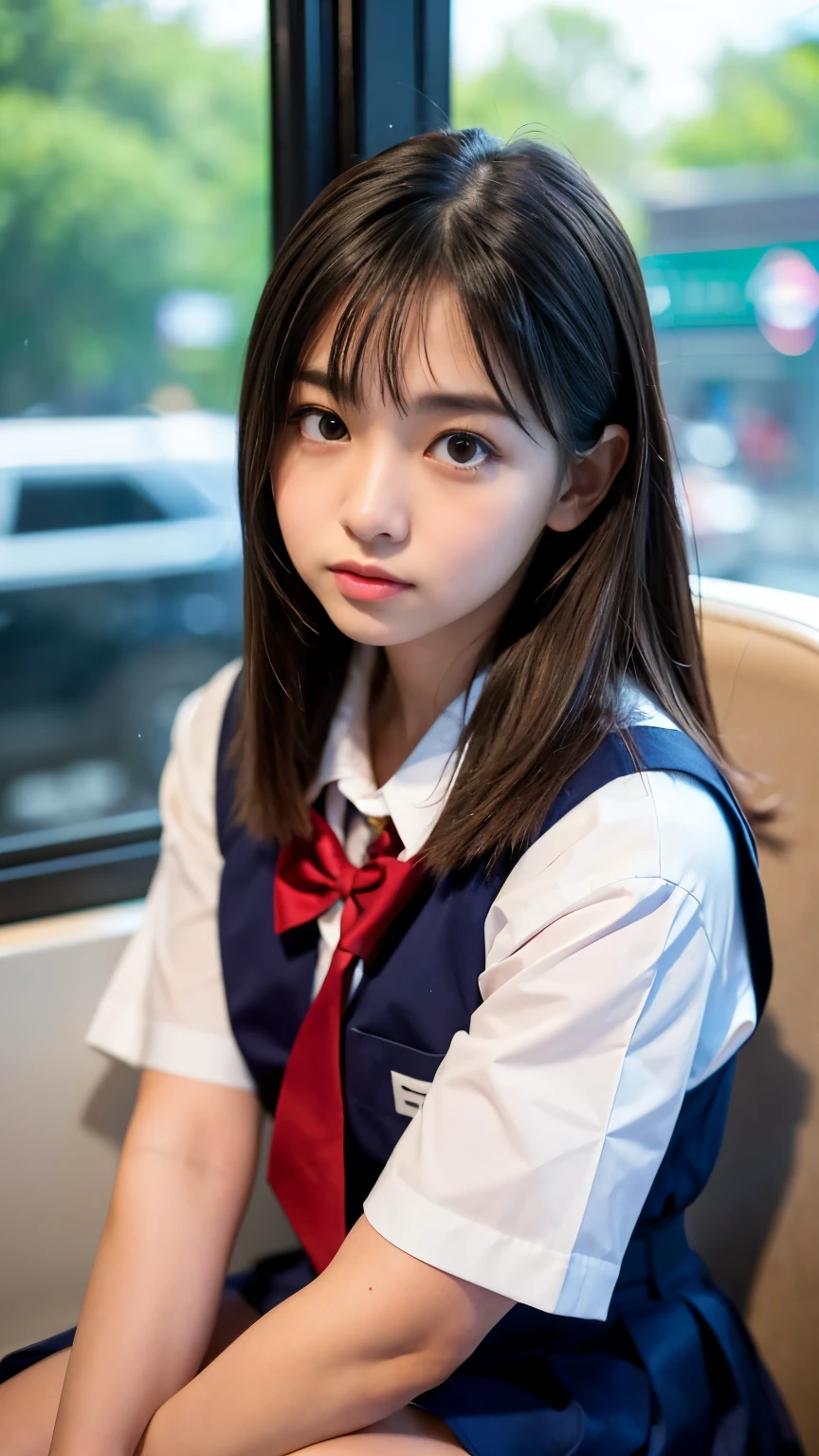 (Best-quality, Masterpiece, Ultra-High-Resolution, (Photorealistic:1.4), Raw Photo, depth of field, professional lighting, perfect anatomy, extremely details), 1girl, -yeld, thost famous Japanese idol, sitting on train, ((wearing Japanese high-school uniform)), looking at viewer, ((feeling very strong sexual arousal and very strong sexual pleasure):1.4), (extremely cute face, ((extremely cute and extremely big eyes)), extremely beautiful skins, extremely cute hair, extremely cute long-eyelashes, extremely cute lips, extremely cute body)