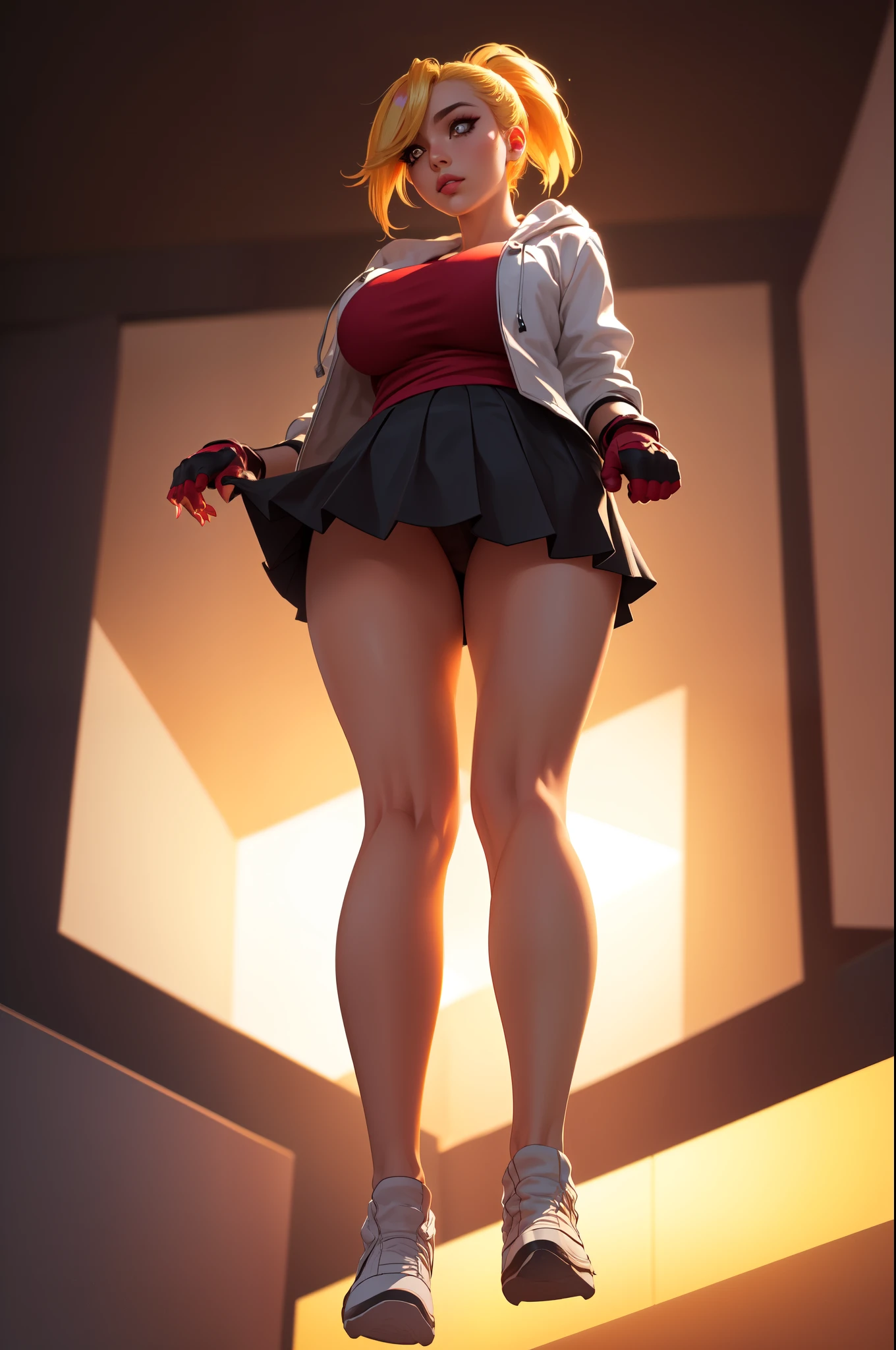 (ultra realistic,32k,RAW photo:1.1),(high detailed skin:1.1), 8k uhd, dslr, high quality, film grain, (makeup, mascara:1.1), lips,(thick\lips\),
(shiny glossy translucent clothing:1.1),mdrin, ponytail, white jacket, red shirt, fingerless gloves, black skirt, choke, streaked hair, blonde hair, (blue eyes:0.75),(huge breast:0.9),Leaning back, hands behind the head, 
 (busty:1.1) ,  (chubby:0.1),(Specular highlight golden hour  :1.1), dark theme,blank background  ,(glowing lights  background:1.1), (FULL BODY:1.5), (from below:1.5), white background