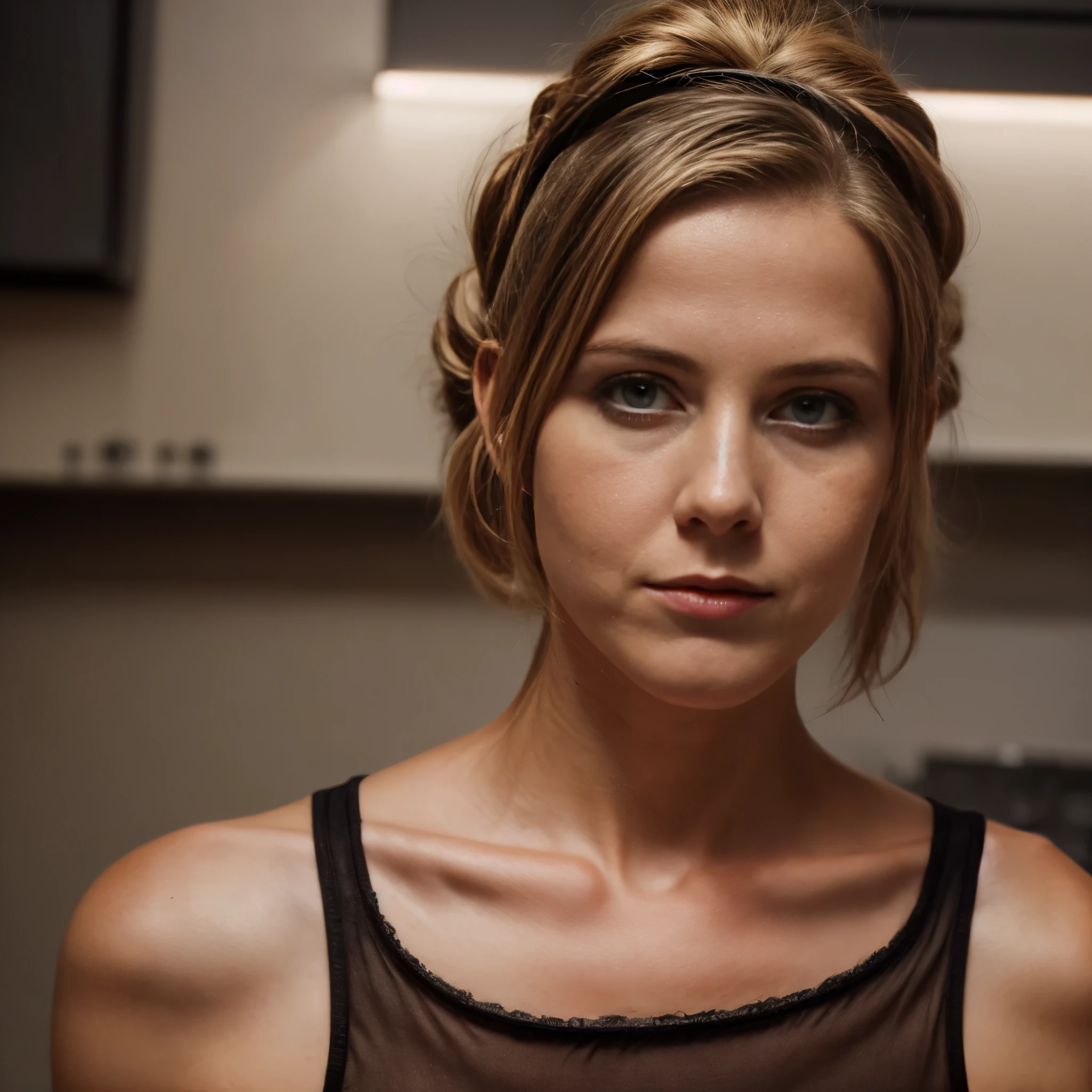An eye contact of blonde LaGermania with a bun and dark theme