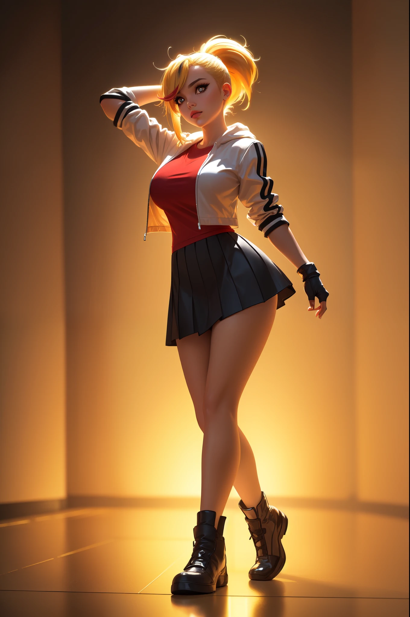 (ultra realistic,32k,RAW photo:1.1),(high detailed skin:1.1), 8k uhd, dslr, high quality, film grain, (makeup, mascara:1.1), lips,(thick\lips\),
(shiny glossy translucent clothing:1.1),mdrin, ponytail, white jacket, red shirt, fingerless gloves, black skirt, choke, streaked hair, blonde hair, (blue eyes:0.75),(huge breast:0.9),Leaning back, hands behind the head,
(busty:1.1) , (chubby:0.1),(Specular highlight golden hour :1.1), dark theme,blank background ,(glowing lights background:1.1), (FULL BODY:1.5), from below, white background