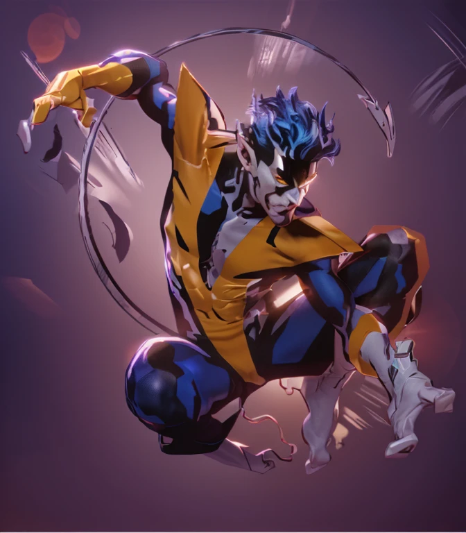 (Realistic:1.4), 4k, super detailed, high quality, (x-men Nightcrawler), blue skin, red clothes, yellow eyes, white gloves on feet and hands,