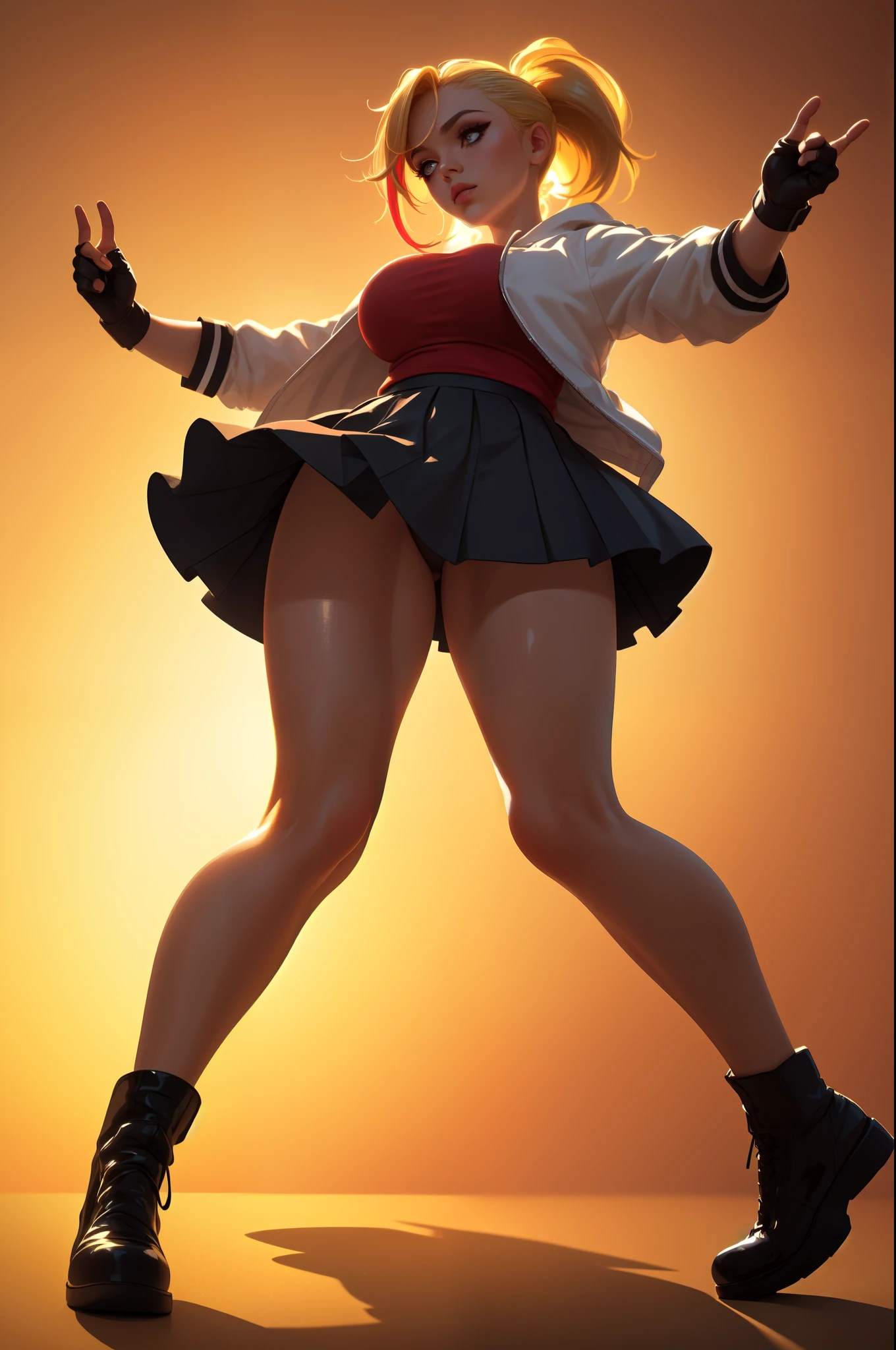(ultra realistic,32k,RAW photo:1.1),(high detailed skin:1.1), 8k uhd, dslr, high quality, film grain, (makeup, mascara:1.1), lips,(thick\lips\),
(shiny glossy translucent clothing:1.1),mdrin, ponytail, white jacket, red shirt, fingerless gloves, black skirt, choke, streaked hair, blonde hair, (blue eyes:0.75),(huge breast:0.9),Leaning back, hands behind the head, 
 (busty:1.1) ,  (chubby:0.1),(Specular highlight golden hour  :1.1), dark theme,blank background  ,(glowing lights  background:1.1), (FULL BODY:1.5), from below, white background