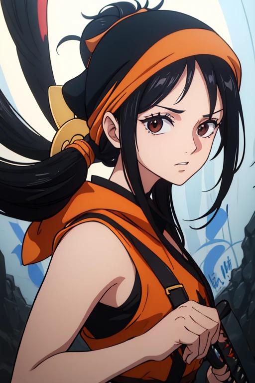 (best quality,4k,8k,highres,masterpiece:1.2), ultra-detailed, Animated, girl, mature face, long black hair, brown eyes, black hair, graffiti,, durag, cool girl, flat, determined, 2 knives swords on the back, fighter