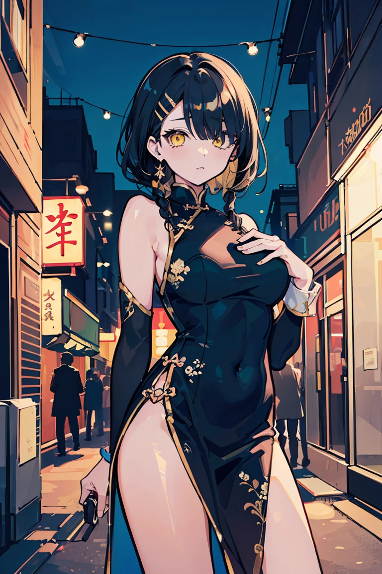 (1 girl), (((Hair in one eye))), Cowboy Shot, China dress, China Hotel, (super high quality), masterpiece, cute, Looks busy, She is wearing fashionable clothes, beautiful表情 , Warm sunshine, Street atmosphere, urban environment. Perfect body,Fresh, (Asymmetrical bangs:1.3), Braided hair, Highly detailed face and eyes, (Black Hair, Deep gradation yellow eyes:1.2),(Shining highlight eye), Digital Art, beautiful, Cinema Lighting, by Yusuke Murata.tonality, Romanticism, modern art, Impressionism, reflected light, 8k, masterpiece, Advanced Details, highest quality