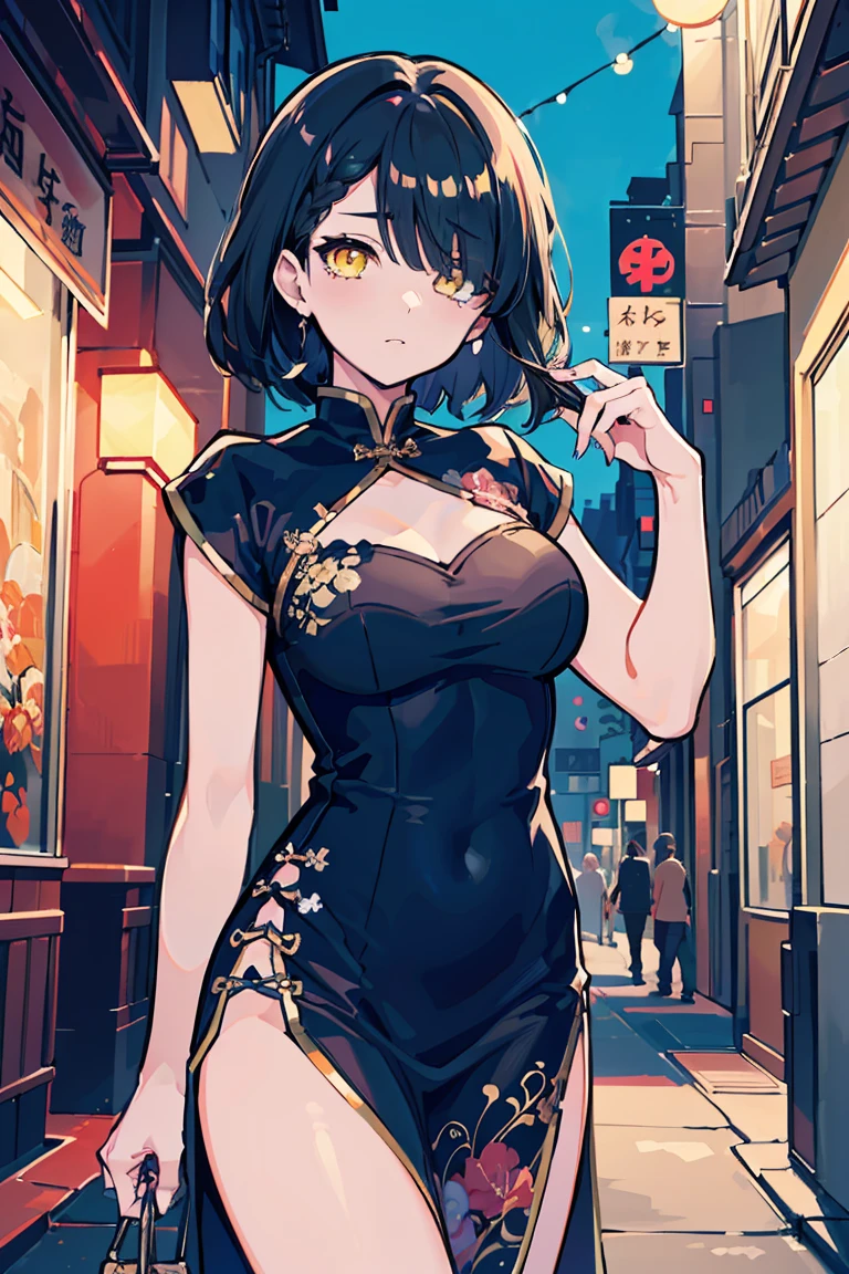 (Masterpiece, highest quality:1.3), High resolution, (illustration: 1.3), 35 years old, milf, (cute:1.3), medium breasts, (black bob cut;1.1), china dress, akihabara street, happy smile, heroine pose