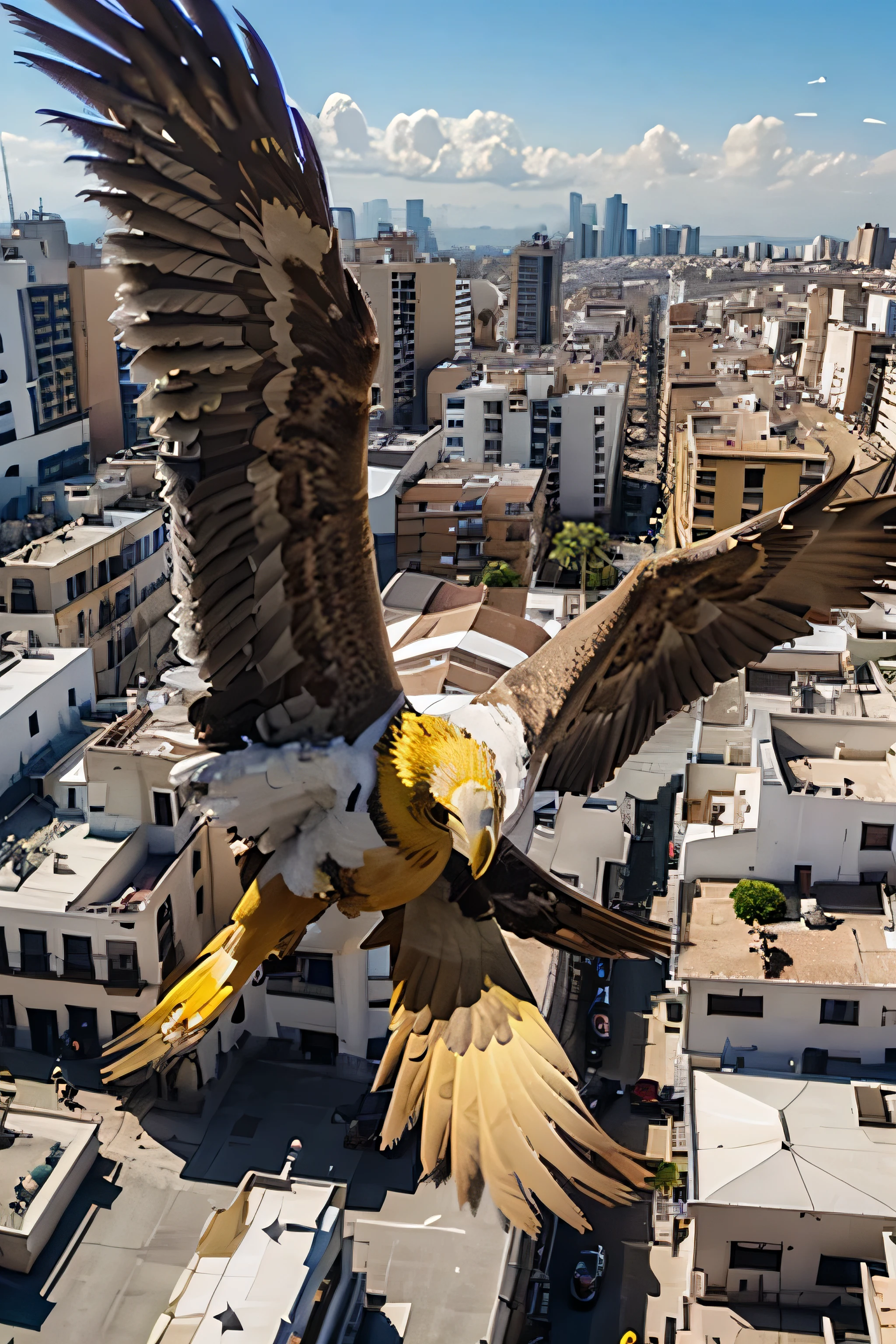 AGUILA VOLANDO CERCA DEL SOL Y DEVAJO UNA CIUDAD