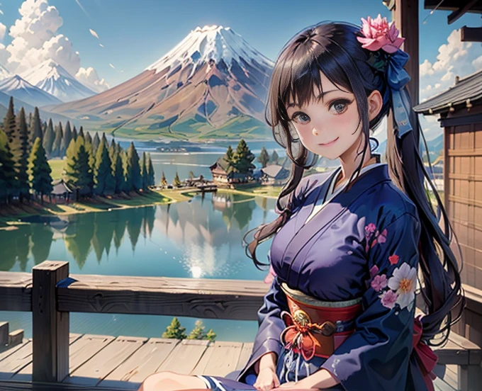 highest quality、Lakeside in front of the mountain、Mt fuji、summer、Daytime、Beautiful blue sky、outside of home、Young girl、Smile on the screen、Detailed beauty、picnic、Open the parasol、kimono、taisho roman