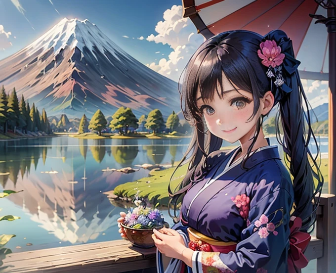 highest quality、Lakeside in front of the mountain、Mt fuji、summer、Daytime、Beautiful blue sky、outside of home、Young girl、Smile on the screen、Detailed beauty、picnic、Open the parasol、kimono、taisho roman 