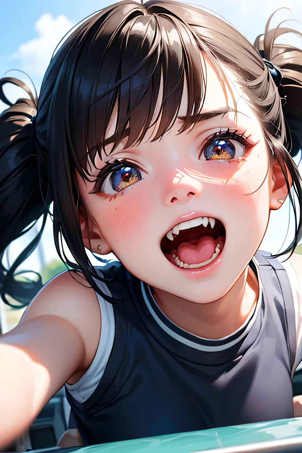 highest quality、High resolution、Detailed Background、(Beautiful face in every detail:1.4)、Anatomically correct、Hide your hands、(Detailed facial expressions)、(Detailed eyes:1.2)、(Detailed eyes:1.2)、Teenage beauty、(Three Women)、(Highly detailed face:1.4)、Cute hair colour、Bobcut、ponytail、Twin tails、well-groomed eyebrows、Powerful images and realistic depictions、Create a sense of realism、Expressions of excitement and joy、A powerful angle、
(A girl screaming with excitement and joy on a thrilling ride:1.5)、
A roller coaster that descends at a right angle down a cliff over 100 meters high、
As if defying gravity, I suddenly fell and my heart started pounding.、
In the next moment, the coaster changes direction horizontally and makes a huge 360-degree loop, flying through the air.、The passengers felt as if their bodies were being torn apart vertically and horizontally, and they couldn't stop screaming.、
With each turn, I feel like I'm being crushed by the intense acceleration and centrifugal force that runs through my entire body.、After a moment of fear and danger, you will be filled with a sense of exhilaration and accomplishment.