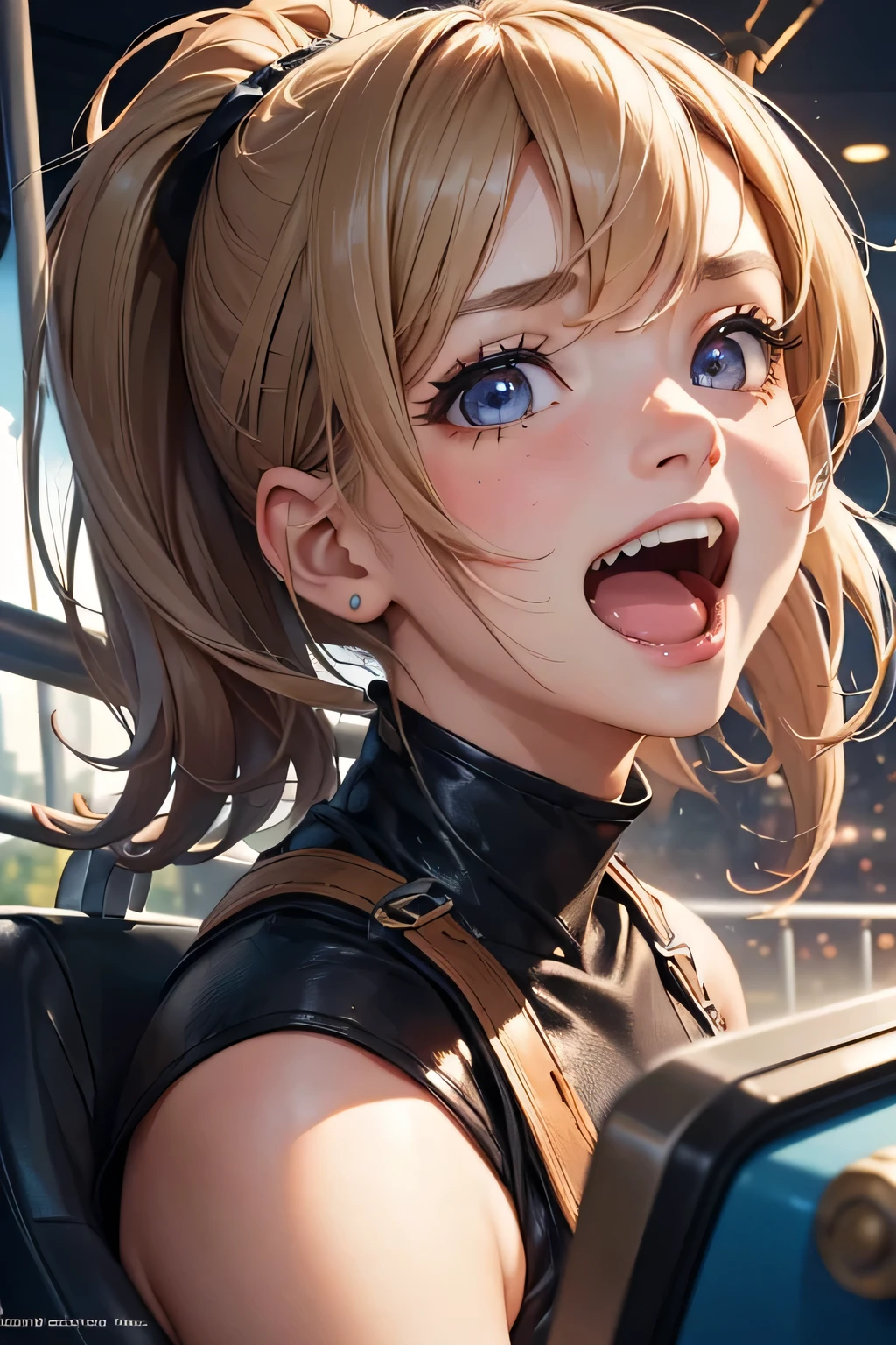 highest quality、High resolution、Detailed Background、(Beautiful face in every detail:1.4)、Anatomically correct、Hide your hands、(Detailed facial expressions)、(Detailed eyes:1.2)、(Detailed eyes:1.2)、Teenage beauty、(Three Women)、(Highly detailed face:1.4)、Cute hair colour、Bobcut、ponytail、Twin tails、well-groomed eyebrows、Powerful images and realistic depictions、Create a sense of realism、Expressions of excitement and joy、A powerful angle、
(A girl screaming with excitement and joy on a thrilling ride:1.5)、
A roller coaster that descends at a right angle down a cliff over 100 meters high、
As if defying gravity, I suddenly fell and my heart started pounding.、
In the next moment, the coaster changes direction horizontally and makes a huge 360-degree loop, flying through the air.、The passengers felt as if their bodies were being torn apart vertically and horizontally, and they couldn't stop screaming.、
With each turn, I feel like I'm being crushed by the intense acceleration and centrifugal force that runs through my entire body.、After a moment of fear and danger, you will be filled with a sense of exhilaration and accomplishment.