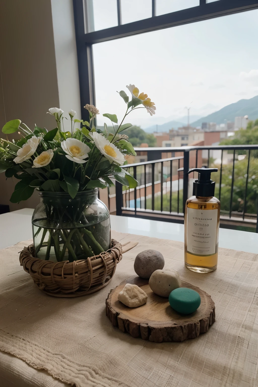 a photo to post on your Instagram story with a visual composition using natural elements, como folhas verdes, flores, pedras e velas, arranged in a harmonious and aesthetically pleasing way.  there could be a suite of vegan and sustainable beauty and wellness products, dispostos de maneira atraente.