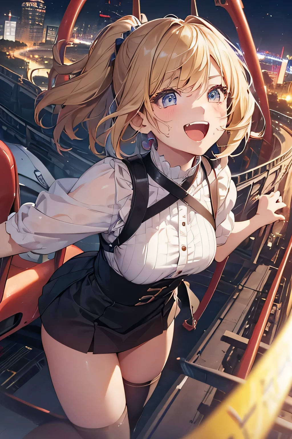 highest quality、High resolution、Detailed Background、(Beautiful face in every detail:1.4)、Anatomically correct、Hide your hands、(Detailed facial expressions)、(Detailed eyes:1.2)、(Detailed eyes:1.2)、Teenage beauty、(Three Women)、(Highly detailed face:1.4)、Cute hair colour、Bobcut、ponytail、Twin tails、well-groomed eyebrows、Powerful images and realistic depictions、Create a sense of realism、Expressions of excitement and joy、A powerful angle、
(A girl screaming with excitement and joy on a thrilling ride:1.5)、
A roller coaster that descends at a right angle down a cliff over 100 meters high、
As if defying gravity, I suddenly fell and my heart started pounding.、
In the next moment, the coaster changes direction horizontally and makes a huge 360-degree loop, flying through the air.、The passengers felt as if their bodies were being torn apart vertically and horizontally, and they couldn't stop screaming.、
With each turn, I feel like I'm being crushed by the intense acceleration and centrifugal force that runs through my entire body.、After a moment of fear and danger, you will be filled with a sense of exhilaration and accomplishment.