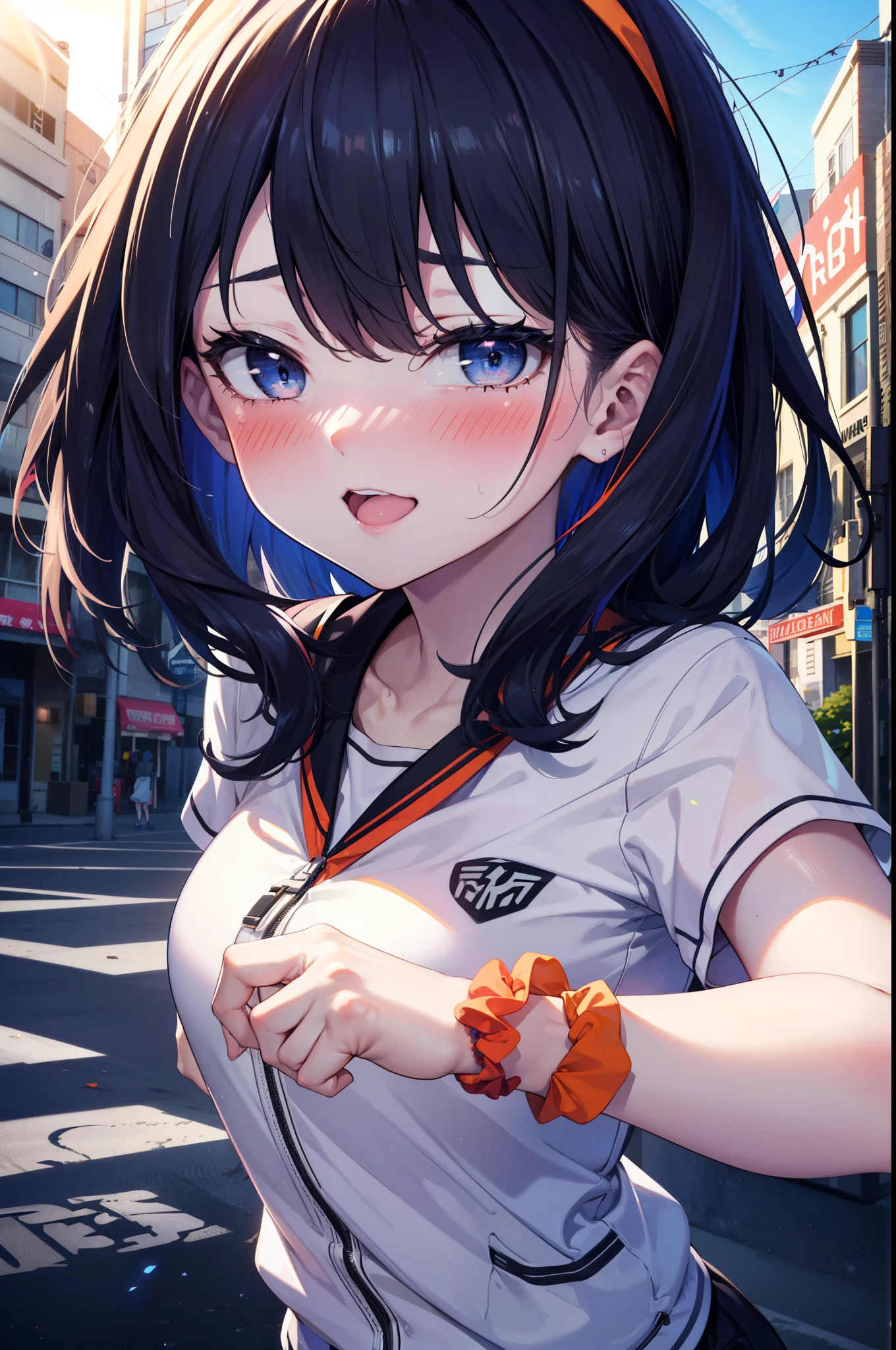 Rikka body, rikka takarada, Black Hair, blue eyes, Long Hair, orange Scrunchie, Scrunchie, wrist Scrunchie,happy smile, smile, Open your mouth,blush,hair band,Cordo shoulder top,Short sleeve,Shorts,black tights,High Top Sneakers,morning,morning陽,The sun is rising,whole bodyがイラストに入るように,walk,
break looking at viewer, whole body,
break outdoors, city,construction area,
break (masterpiece:1.2), highest quality, High resolution, unity 8k wallpaper, (shape:0.8), (Beautiful details:1.6), Highly detailed face, Perfect lighting, Extremely detailed CG, (Perfect hands, Perfect Anatomy),