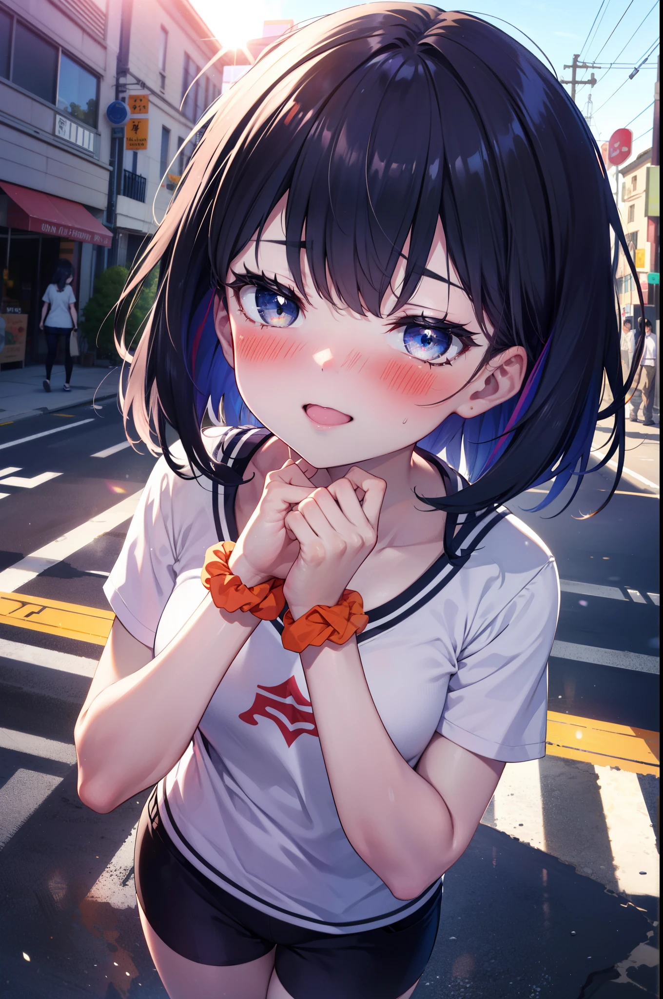 Rikka body, rikka takarada, Black Hair, blue eyes, Long Hair, orange Scrunchie, Scrunchie, wrist Scrunchie,happy smile, smile, Open your mouth,blush,hair band,Cordo shoulder top,Short sleeve,Shorts,black tights,High Top Sneakers,morning,morning陽,The sun is rising,whole bodyがイラストに入るように,walk,
break looking at viewer, whole body,
break outdoors, city,construction area,
break (masterpiece:1.2), highest quality, High resolution, unity 8k wallpaper, (shape:0.8), (Beautiful details:1.6), Highly detailed face, Perfect lighting, Extremely detailed CG, (Perfect hands, Perfect Anatomy),