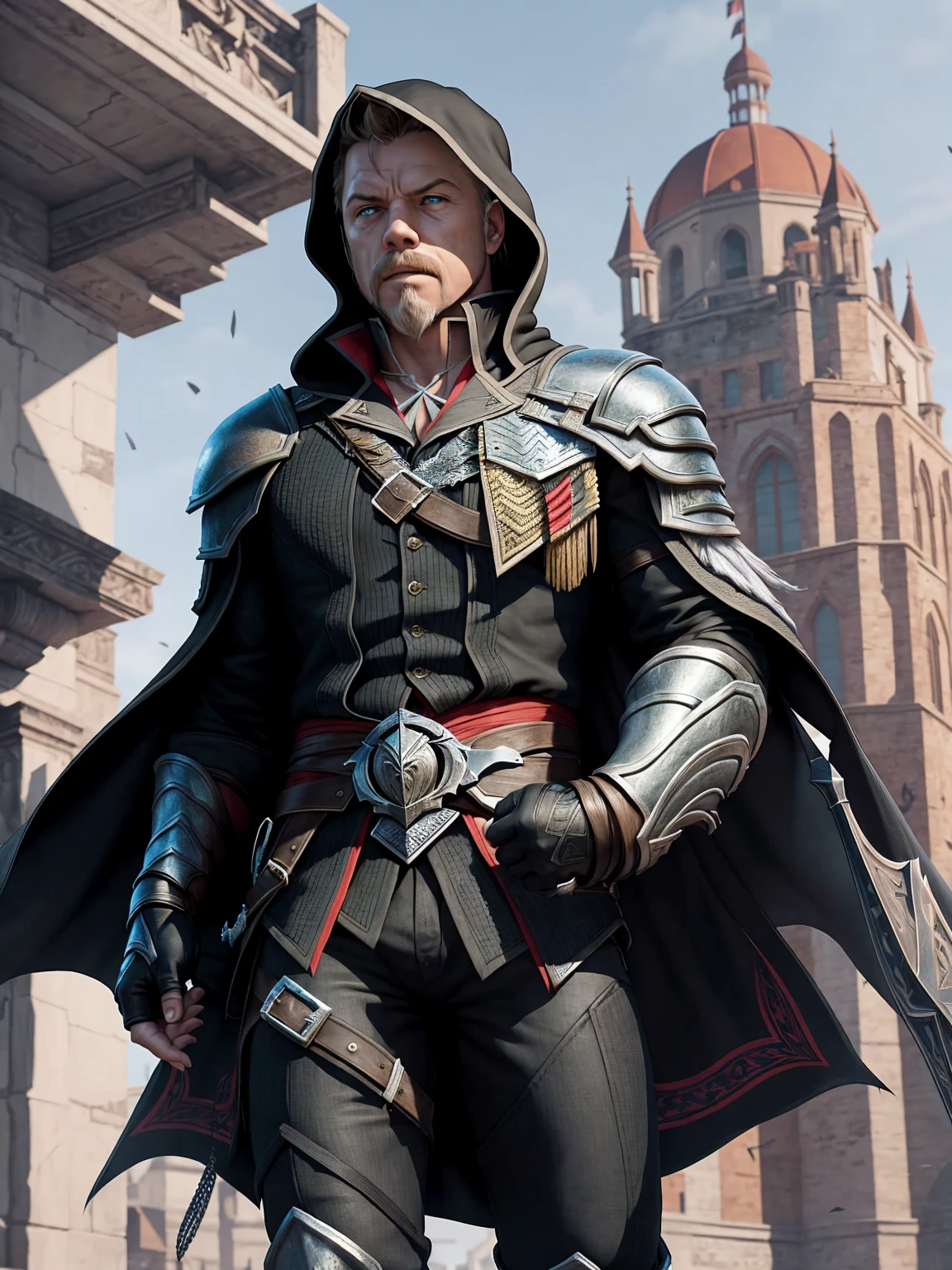 James Hetfield, lead vocalist and guitarist of the iconic heavy metal band Metallica, meticulously rendered in the style of Assassin's Creed. He stands tall and stoic, clad in the traditional Assassin's Creed outfit: a black hooded cloak adorned with gold thread and intricate embroidery, accentuated by a pair of gold bracelets on each wrist. His attire also includes black pants and boots, all of which are meticulously crafted to fit his Assassin's Creed style. The focus of the image lies in Hetfield's face and upper body, which are rendered in ultrarealistic detail. His skin is so lifelike that one can almost see the pores, and his face bears a stoic expression that exudes confidence and stealth.