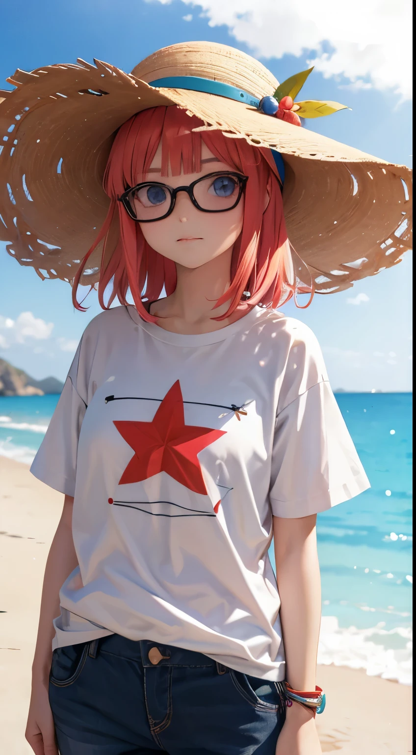 Nino Nakano, ropa playera,sombrero de playa,lentes de sol,costa del mar