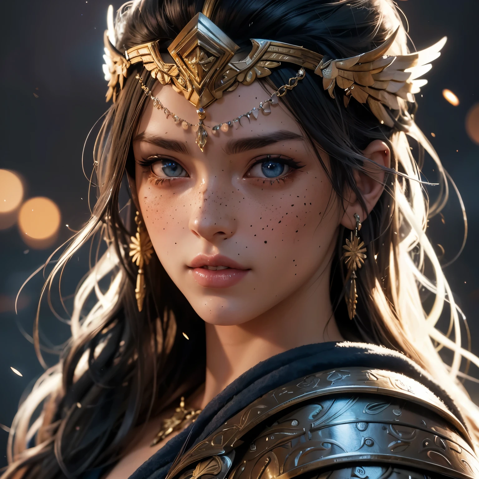 2.5D CGI anime fantasy portrait artwork (valkyrie style full body) ultra detailed artistic photography, extremely highly detailed gorgeous face ((face with lots of freckles)), backlit, glowing, ultra high definition, 8k, unreal engine 5, unity, ultra sharp focus, DSLR, 4k, glamorous, glimmer, brush strokes, smooth, intricate artwork masterpiece, golden ratio, epic, trending on cgsociety, cinematic character render, ultra high quality mode photorealistic, intricate insany details, oil on canvas.