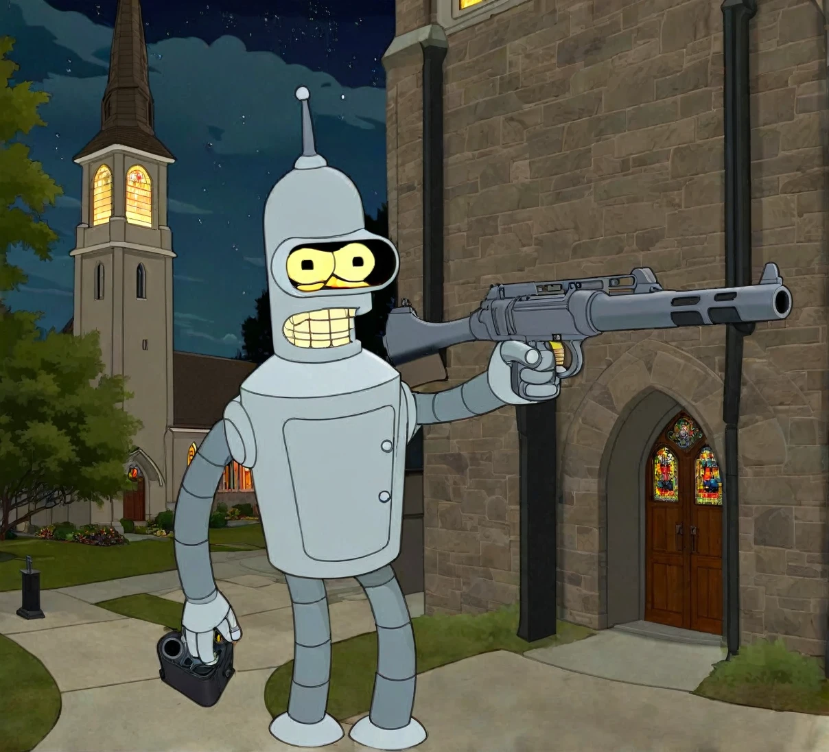 Bender holding Machine Handgun run outside Church at Midnight