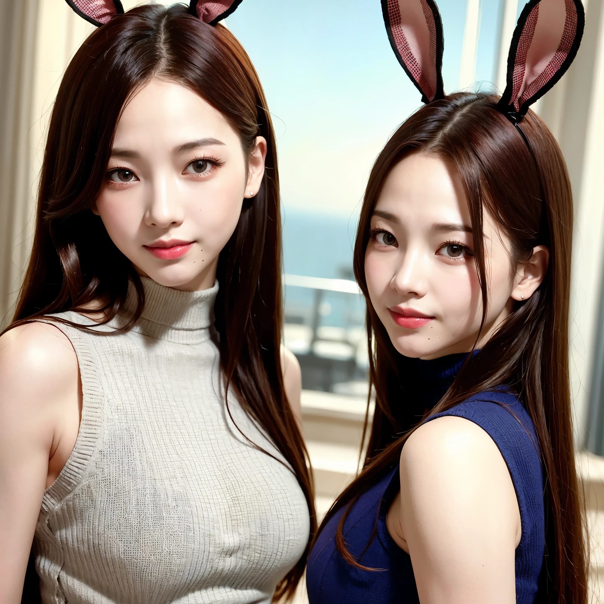 Portrait of karina,(bunny ears,turtleneck top),fashion photography,hotel lobby,blushing,smile,perfect anatomy,looking into camera,(8k, best quality, masterpiece:1.2),(realistic, photo-realistic:1.37),ultra-detailed,1 lady,cute,solo,beautiful detailed sky,night,(nose blush),beautiful detailed eyes,realistic,photo,matte colors,detailed backgound