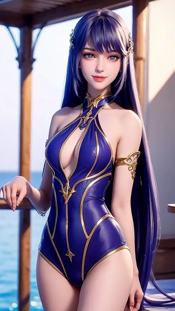 girl, full body, hands on waist, beautiful detailed eyes, beautiful detailed lips, extremely detailed eyes and face, long eyelashes, Swimsuit, cute smile, enjoy the atmosphere