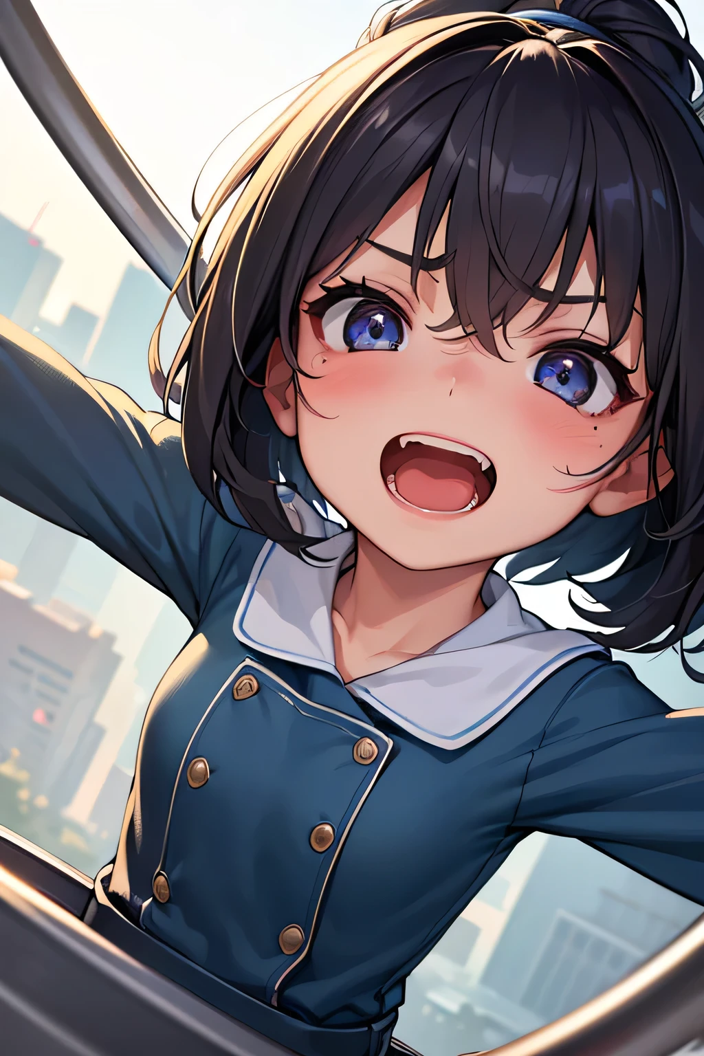 highest quality、High resolution、Detailed Background、(Beautiful face in every detail:1.4)、Anatomically correct、Hide your hands、(Detailed facial expressions)、(Detailed eyes:1.2)、(Detailed eyes:1.2)、age beauty、(Three Women)、(Highly detailed face:1.4)、Cute hair colour、Bobcut、ponytail、Twin tails、well-groomed eyebrows、Powerful images and realistic depictions、Create a sense of realism、Expressions of excitement and joy、A powerful angle、
(A girl screaming with excitement and joy on a thrilling ride:1.5)、
A roller coaster that descends at a right angle down a cliff over 100 meters high、
As if defying gravity, I suddenly fell and my heart started pounding.、
In the next moment, the coaster changes direction horizontally and makes a huge 360-degree loop, flying through the air.、The passengers felt as if their bodies were being torn apart vertically and horizontally, and they couldn't stop screaming.、
With each turn, I feel like I'm being crushed by the intense acceleration and centrifugal force that runs through my entire body.、After a moment of fear and danger, you will be filled with a sense of exhilaration and accomplishment.