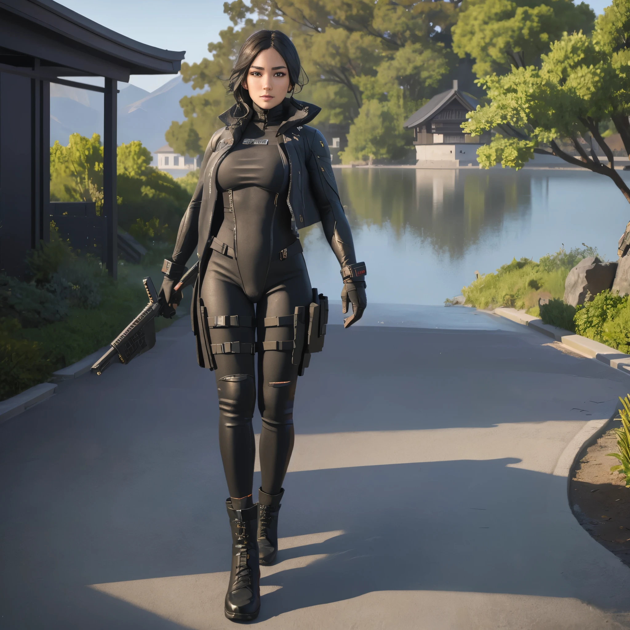 She is in a Japanese landscape with cherry trees and in the background is a Japanese castle, (full body portrait, 1 girl, looking at viewer, highly detailed, anatomy correct:1.4), black gloves, hood on, tactical gear, Sharp focus, black boots, (athletic body:1.3), black jeans, ((Best quality, masterpiece, Very beautiful woman, beautiful face)), Depth-of-field, Multi-layered textures, HDR (High Dynamic Range), Ray Tracing, NVIDIA RTX, Unreal 5, Subsurface scattering, PBR Texturing, Post-processing, Anisotropic Filtering, Maximum clarity and sharpness, Wide aperture, Low ISO, White balance, Rule of thirds, 8K RAW, (extremely slutty), (Highly realistic skin), sharp image, (extremely high quality artwork),