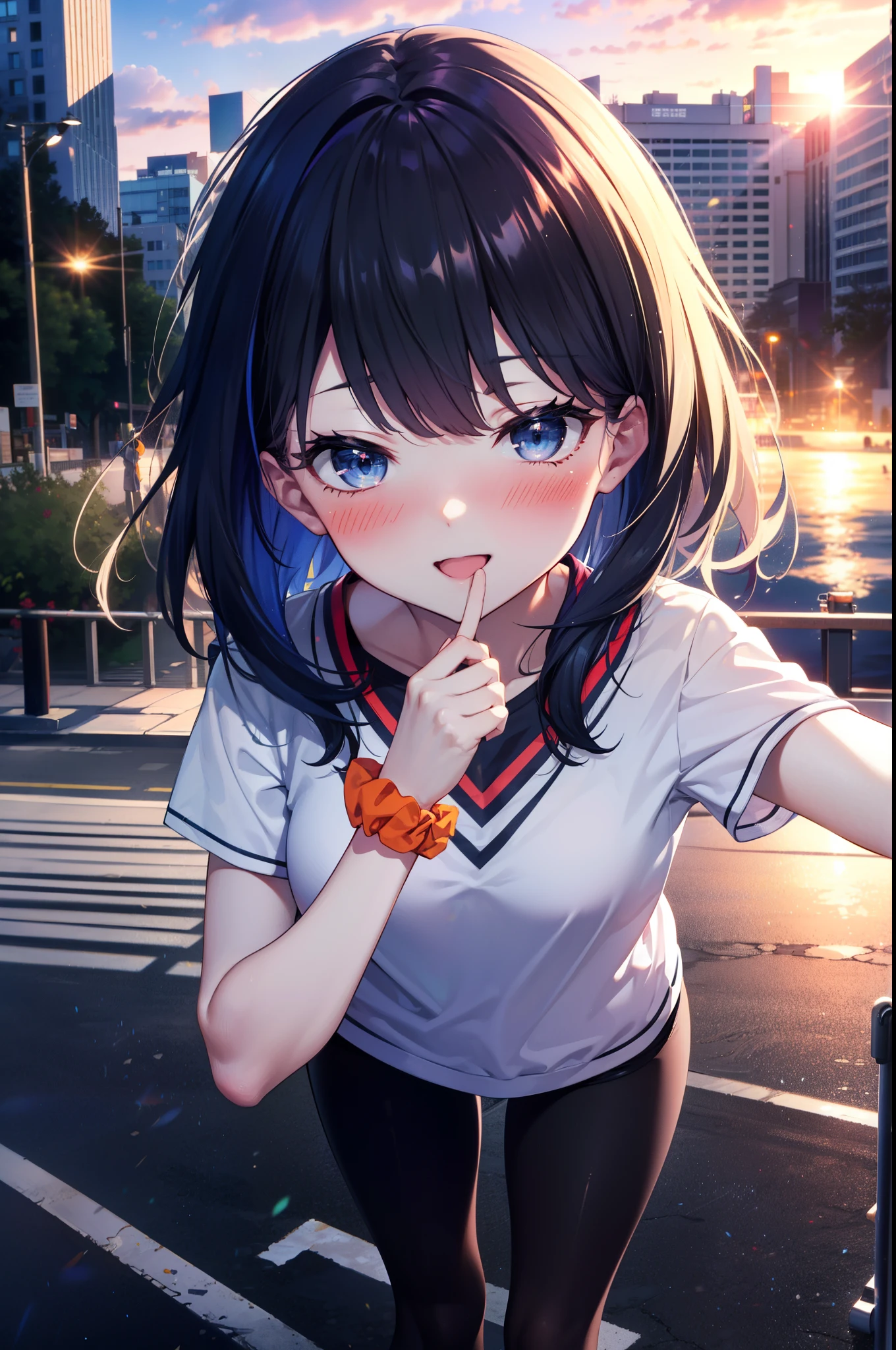 Rikka body, rikka takarada, Black Hair, blue eyes, Long Hair, orange Scrunchie, Scrunchie, wrist Scrunchie,happy smile, smile, Open your mouth,blush,hair band,Cordo shoulder top,Short sleeve,Shorts,black tights,High Top Sneakers,morning,morning陽,The sun is rising,whole bodyがイラストに入るように,walk,
break looking at viewer, whole body,
break outdoors, city,construction area,
break (masterpiece:1.2), highest quality, High resolution, unity 8k wallpaper, (shape:0.8), (Beautiful details:1.6), Highly detailed face, Perfect lighting, Extremely detailed CG, (Perfect hands, Perfect Anatomy),