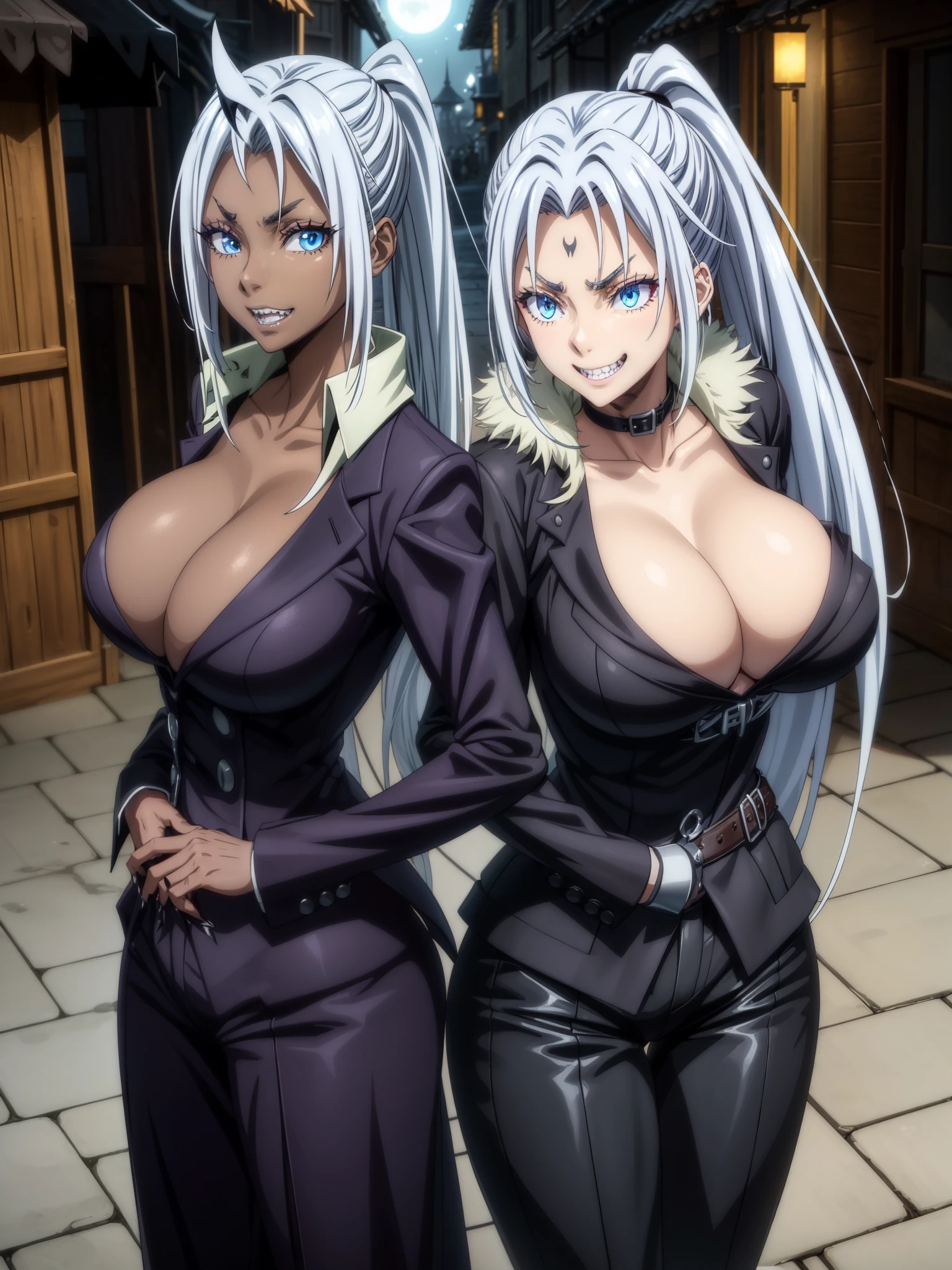 score_9, score_8_up,score_7_up, source_anime, rating_questionable, 1girl, solo,EPpkNessa, blue eyes, black hair, blue hair, streaked hair, single hair bun, dark skin, dark-skinned female, large breasts,  edgWraith,  hooded cloak, armor, torn clothes, pale blue ,wearing edgWraith ,  black lips, black eyeshadow, black fingernails, black leather, night, alley, empty street, full moon, bat \(animal\),  eldritch abomination, green energy, malevolent forces, evil necromancer, sinister, diabolical, nefarious, vicious, blood, blood splatter, blood stain, fangs, sharp teeth, grin, crazy eyes, crazy smile, monochrome, greyscale, manga, multiple views,