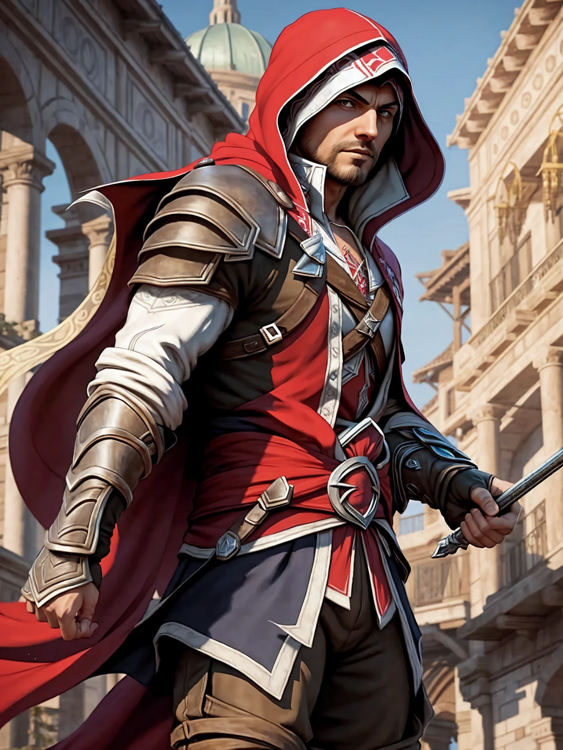 Ezio Auditore da Firenze, the iconic protagonist of the Assassin's Creed series, standing in an Art Nouveau-inspired setting. His traditional Assassin's Creed outfit, consisting of a hooded red cloak and dark pants, accentuates his muscular physique. The background features intricate gold ornaments, reflecting the ultrarealistic gold ornaments adorning Ezio's belt, wrist, and armguards. His skin, face, and body are rendered in ultrarealistic detail, showcasing the intricacies of his features, including ultra detailed eyes, face, and a full body symmetrical with thick lines that follow the Fibonacci, golden ratio, and 3D metal structure tessellation. The neural graphic motif on his chest and back add a unique touch to his appearance, while the vibrant color palette reflects the passion and love that Ezio has for his craft as an Assassin. The image is rendered in an ultrahigh 8k resolution, making every detail pop, and serves as a testament to the artist's incredible skill and vision. This masterpiece would be right at home on platforms like Artstation, showcasing the beauty and surrealism of the Art Nouveau style fused with the epic world of Assassin's Creed.