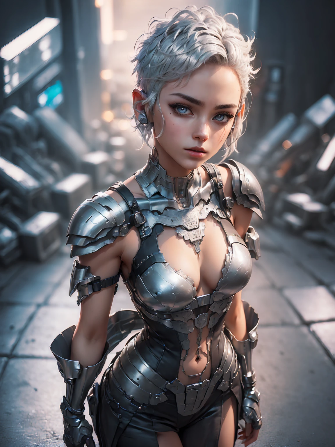 (Face photo: 1.4), (above shoulder photo: 1.6), 1 girl, alone, (short silver hair: 1.2), with perfect face, thin eyebrows, long eyelashes, (android eyes: 1.2), and fleshy lips , (extremely detailed: 1.2), (intricate details: 1.2), naked