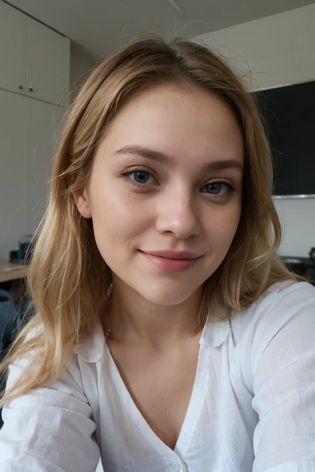 a blonde woman, ((selfie)), blue eyes, looking up, mouth open, smiling, face extra large zoom in, in class, (blue jeans), (white shirt)