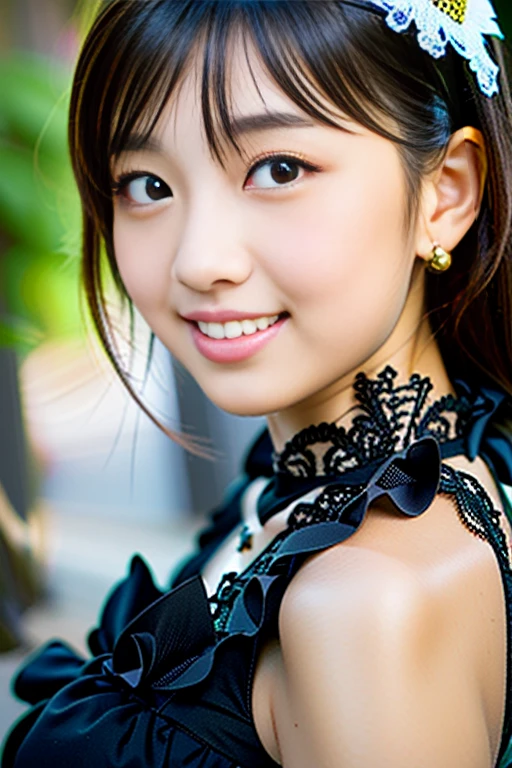 (Highest quality details:1.2), Realistic, 8K Ultra HD, High resolution, Fujifilm(Medium format), Hasselblad, Carl Zeiss, Incredible dynamic range photography(utility_art:Smoose-768:1.1), (One Girl:1.2), Super detailed, High quality textures, Intricate details, detailed, Very detailed CG, High Quality Shadows, detailed Beautiful and delicate face, detailed Beautiful and delicate eyes, Depth of written boundary, Ray Tracing, 18 years old, Cute Japanese Girl, Narrow Face, Glossy lips, Glowing Eyes, Glowing Eyes, Perfect body, View the viewer, (Jewelry Earrings), (Eye Color: Brown), (Bright red flower hair ornament), (Long white hair), (Layered Hairstyles), (Classic Gothic Lolita:1.5), Fashion Model Style, face close up, smile