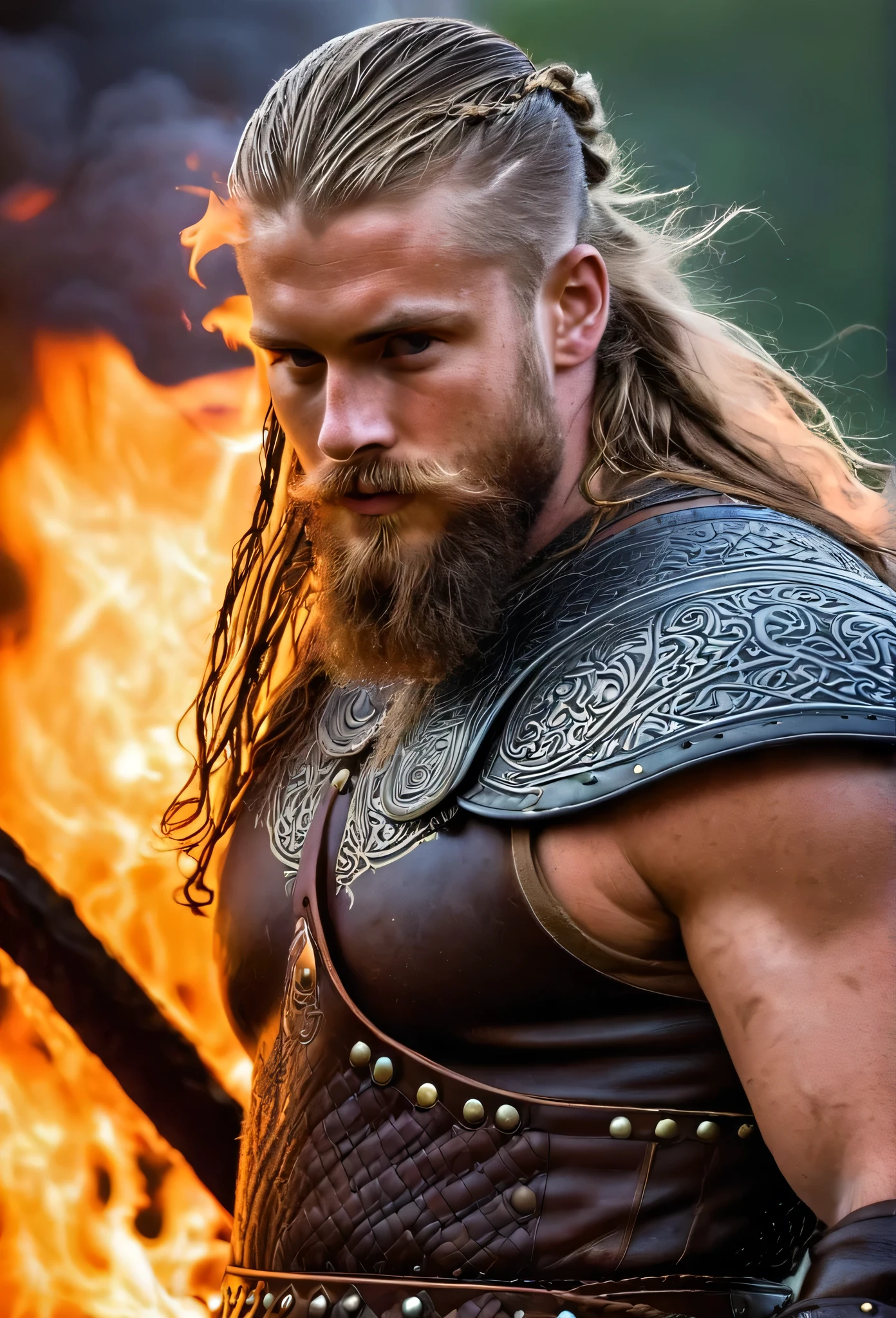Viking,Epic Powers,handsome,long hair,fire Powers,muscle, amor