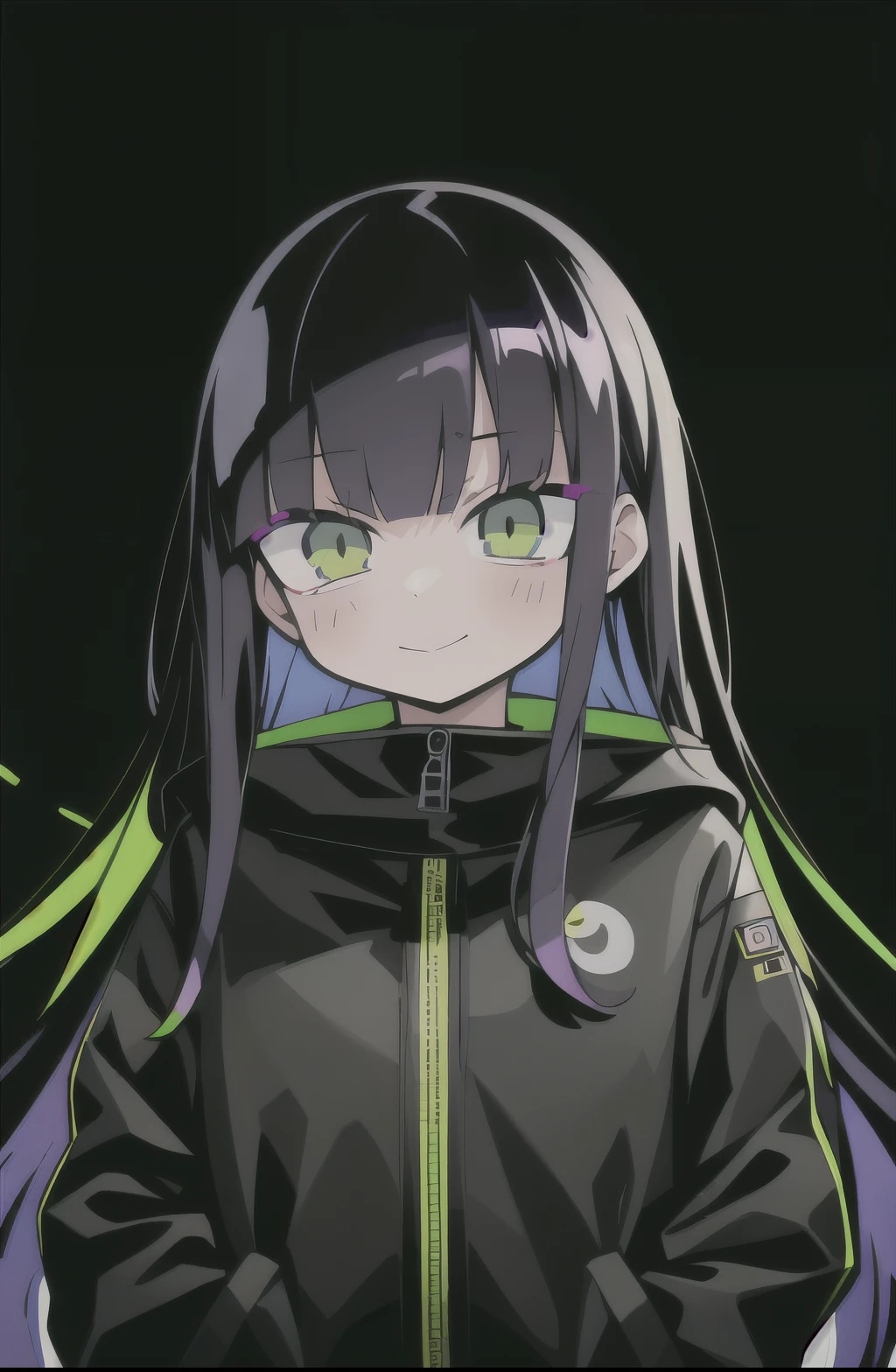 highest quality, masterpiece,Black dark blue hair,Purple hair tips、 Fluorescent yellow-green eyes,Black clothes, Long sleeve、Black anorak parka、look up, Upper Body,hair,Fair skin,長いhair、Purple hair tips、highest quality、最高masterpiece、smile、Long Hair、Night sky background、Perfect Face、Cute Face