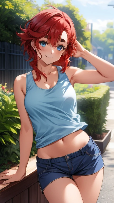 Tabletop, highest quality, Tabletop, Attention to detail, detailed face, detailed eyes, Rendered eyes, Perfect Eyes, Hip line, Ambient Occlusion, Clear images, detailed, wonderful,8k,8k Wallpaper,8k background, Attention to detail肌, High resolution,
One Girl, alone,smile, ((Tank top、Shorts:1.3、Thighs)), ((Redhead、blue eyes))、garden