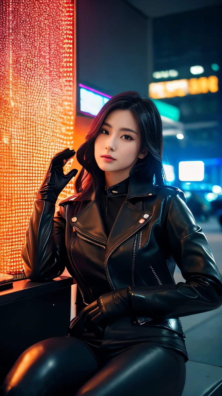 black leather rider jacket, Office in the Dark, Black leather gloved fingertips on both hands,Wearing black leather gloves,Sitting in a black leather chair、 Japanese female new recruits (Black leather gloves cover both hands) (The angle is horizontal)、Black Leather Pants,Black Leather Black Leather Pants,Black Leather Skinny Pants、Long black leather boots on both feet、Black hair ponytail ((He wears black leather gloves on his hands))Full Body Photo,full body shot full body full body leather suit,☺If you turn in this direction。Wearing black leather gloves,Wearing black leather gloves,Wearing black leather gloves,Wearing black leather gloves,Wearing black leather gloves,Wearing black leather gloves,黒のレザーパンツが美しい😍黒のレザーパンツが美しい😍黒のレザーパンツが美しい,😍Smiling while looking at me,City lights、((Neon Cyberpunk City Street:1.3))、(Neon Light)、Detailed lighting、
Best image quality、Ultra-high resolution、(realism:1.4)、Korean Beauty Star、The most beautiful KPOP stars、face、Horny Korean Makeup、A body that makes you want to touch it、Realistic leather texture、Costume made of smooth leather fabric、The drape of the curved parts of the leather fabric、The costume is very shiny、Quality of the costume、8K Photo Quality