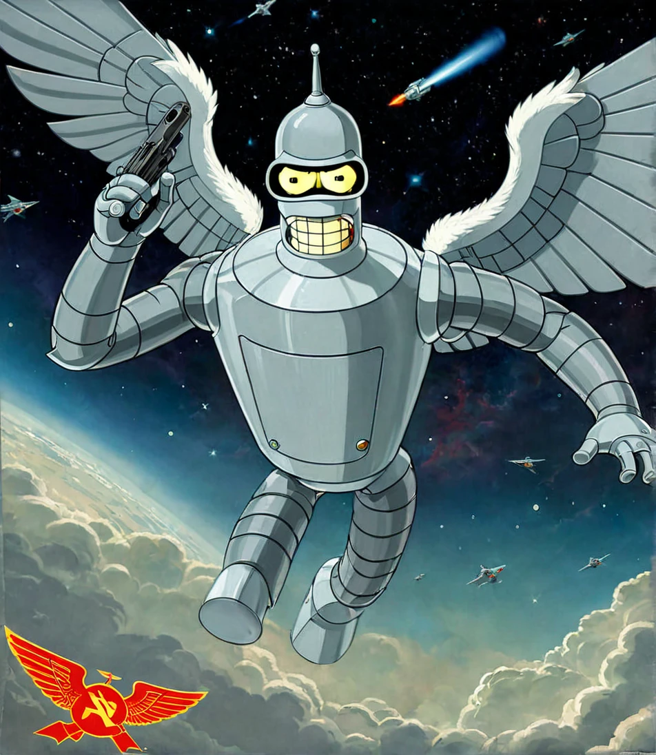 Bender holding Large Handgun flying inside Space, Angry and Yelling, Large Muscle, Angel Wings, Soviet poster 