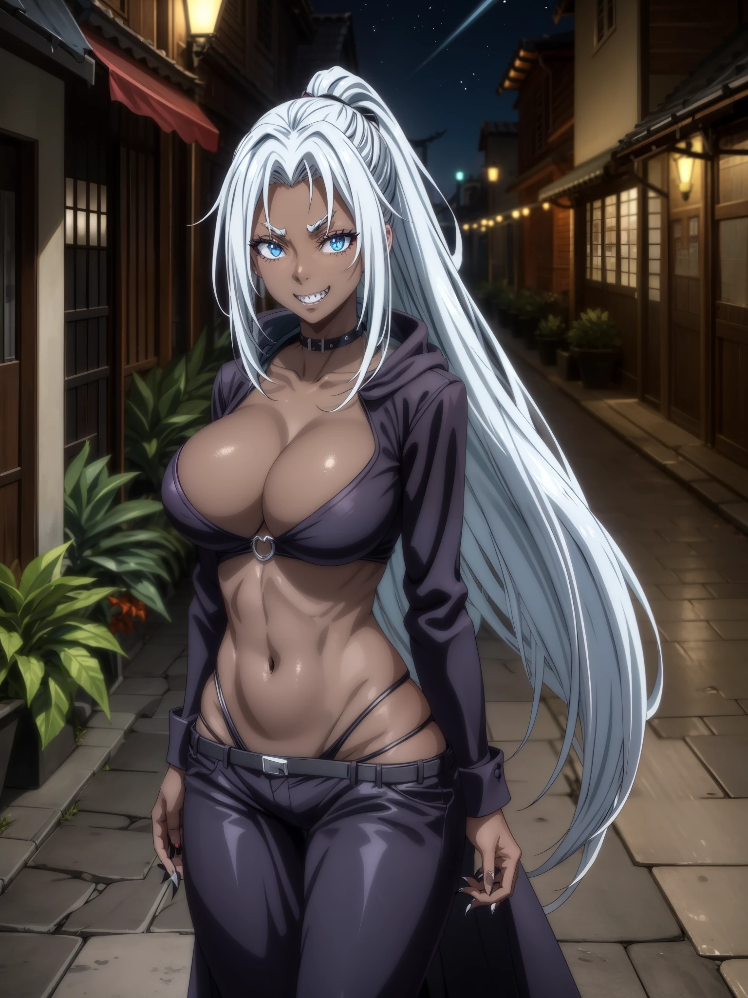 score_9, score_8_up,score_7_up, source_anime, rating_questionable, 1girl, solo,EPpkNessa, blue eyes, black hair, blue hair, streaked hair, single hair bun, dark skin, dark-skinned female, large breasts,  edgWraith,  hooded cloak, armor, torn clothes, pale blue ,wearing edgWraith ,  black lips, black eyeshadow, black fingernails, black leather, night, alley, empty street, full moon, bat \(animal\),  eldritch abomination, green energy, malevolent forces, evil necromancer, sinister, diabolical, nefarious, vicious, blood, blood splatter, blood stain, fangs, sharp teeth, grin, crazy eyes, crazy smile, monochrome, greyscale, manga, multiple views,