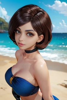 Elastigirl cabelo castanho curto olhos claros biquini azul na praia de quatro